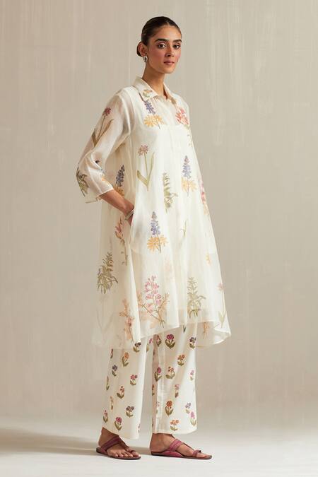 Shop_Upavita_Off White Cotton, Chanderi Floral Hand Block Print A-line Short Kurta Set _Online_at_Aza_Fashions