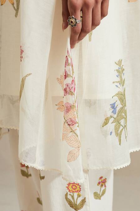 Upavita_Off White Cotton, Chanderi Floral Hand Block Print A-line Short Kurta Set _at_Aza_Fashions