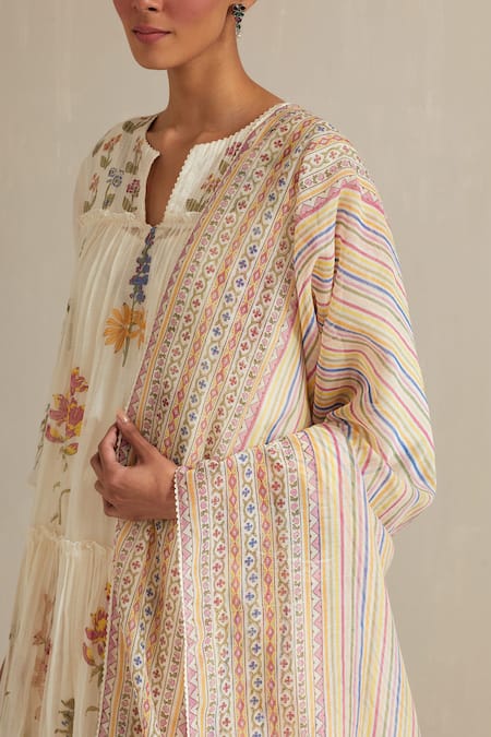 Upavita_Off White Cotton, Chanderi Floral Hand Block Print Tiered Anarkali Set _Online_at_Aza_Fashions