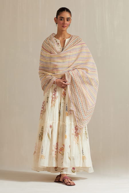 Buy_Upavita_Off White Cotton, Chanderi Floral Hand Block Print Tiered Anarkali Set _Online_at_Aza_Fashions