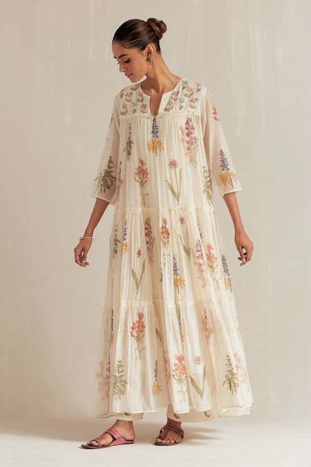 Upavita_Off White Cotton, Chanderi Floral Hand Block Print Tiered Anarkali Set _at_Aza_Fashions