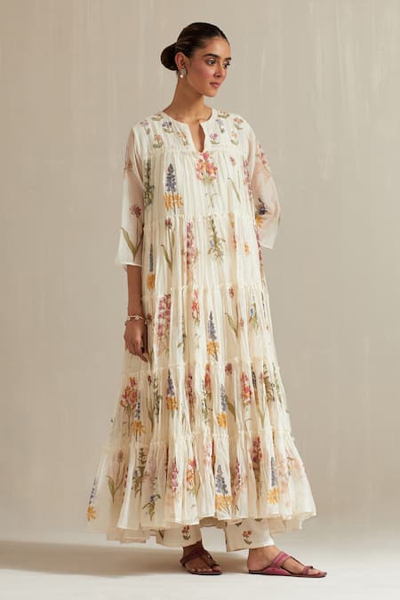 Upavita_Off White Cotton, Chanderi Floral Hand Block Print Tiered Anarkali Pant Set _Online_at_Aza_Fashions