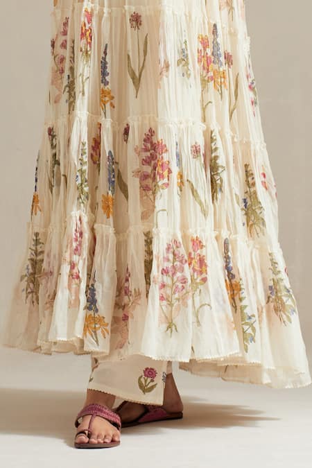 Buy_Upavita_Off White Cotton, Chanderi Floral Hand Block Print Tiered Anarkali Pant Set _Online_at_Aza_Fashions