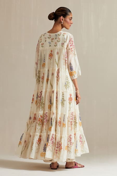 Upavita Floral Hand Block Print Tiered Anarkali Pant Set 