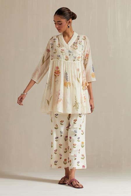 Buy_Upavita_Off White Cotton, Chanderi Embroidery Round Floral Hand Block Print Angarkha Set _Online_at_Aza_Fashions