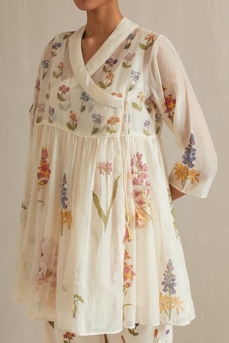 Buy_Upavita_Off White Cotton, Chanderi Embroidery Round Floral Hand Block Print Angarkha Set 