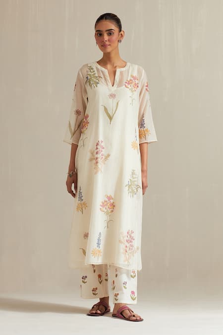 Upavita_Off White Cotton, Chanderi Embroidery Floral Hand Block Print Straight Kurta Set _Online_at_Aza_Fashions