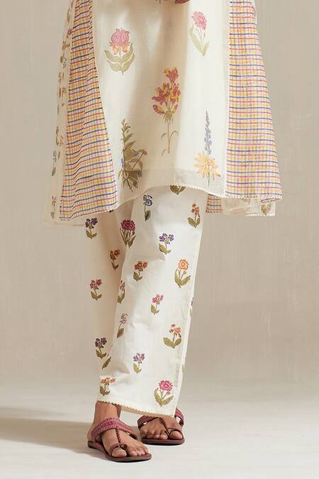 Upavita_Off White Chanderi, Cotton Embroidery Floral Hand Block Print Short Anarkali Set _Online_at_Aza_Fashions