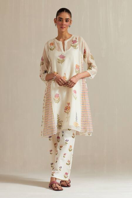 Buy_Upavita_Off White Chanderi, Cotton Embroidery Floral Hand Block Print Short Anarkali Set _Online_at_Aza_Fashions