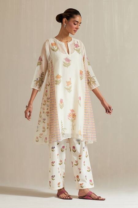 Shop_Upavita_Off White Chanderi, Cotton Embroidery Floral Hand Block Print Short Anarkali Set _Online_at_Aza_Fashions