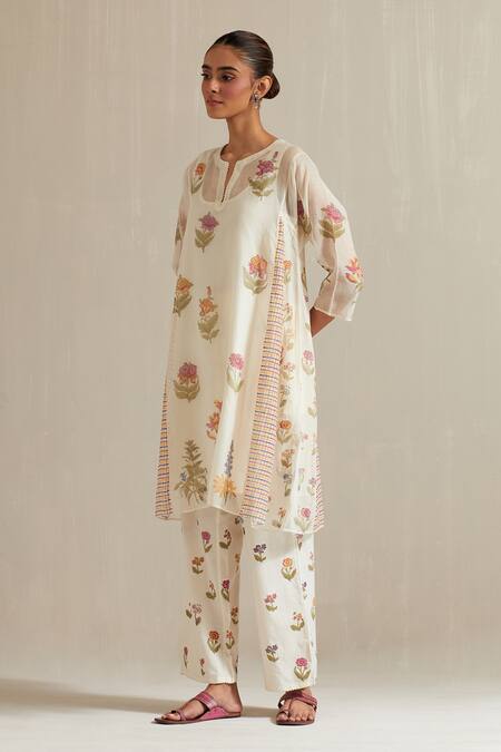 Upavita_Off White Chanderi, Cotton Embroidery Floral Hand Block Print Short Anarkali Set _at_Aza_Fashions