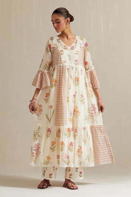 Upavita Off White Cotton, Chanderi Embroidery Floral Hand Block Print Anarkali Set Online at Aza Fashions Upavita_Off White Cotton, Chanderi Embroidery Floral Hand Block Print Anarkali Set _Online_at_Aza_Fashions