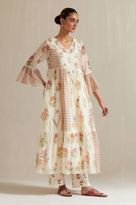 Buy Upavita Off White Cotton, Chanderi Embroidery Floral Hand Block Print Anarkali Set Online at Aza Fashions Buy_Upavita_Off White Cotton, Chanderi Embroidery Floral Hand Block Print Anarkali Set _Online_at_Aza_Fashions