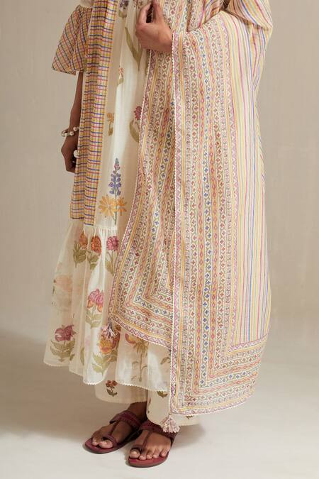 Upavita Off White Cotton, Chanderi Embroidery Floral Hand Block Print Anarkali Set at Aza Fashions Upavita_Off White Cotton, Chanderi Embroidery Floral Hand Block Print Anarkali Set _at_Aza_Fashions