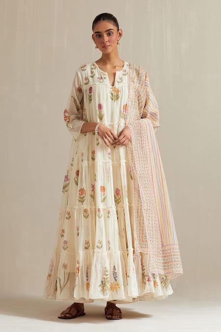 Upavita Floral Hand Block Print Multi-Tiered Anarkali Set 