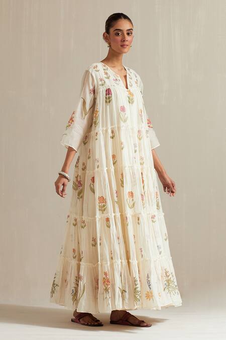 Upavita_Off White Cotton Embroidery Floral Hand Block Print Multi-tiered Anarkali Set _Online_at_Aza_Fashions