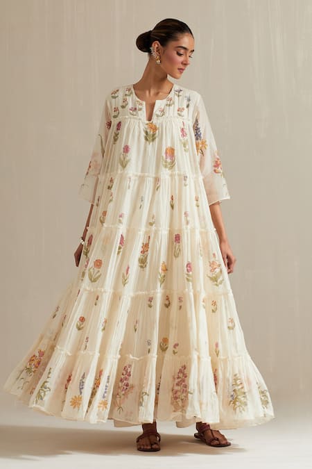Buy_Upavita_Off White Cotton Embroidery Floral Hand Block Print Multi-tiered Anarkali Set _Online_at_Aza_Fashions