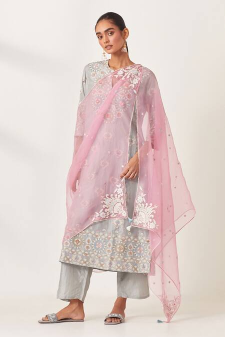 Shop_Kora_Blue , Organza Embroidery, Floral Aari Work Panelled Kurta Pant Set 