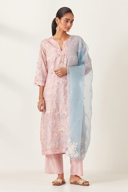 KORA Silk Floral Jaal Applique Work Kurta Pant Set 