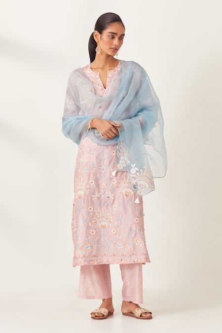 Shop_Kora_Pink , Organza Applique, Embroidery Floral Jaal Work Kurta Pant Set 