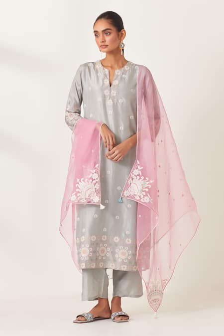 KORA Silk Blossom Applique Work Kurta Pant Set 