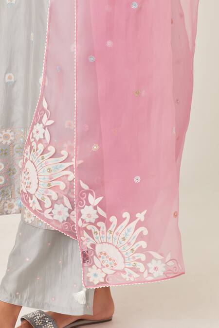 Shop_Kora_Blue , Organza Sequins, Embroidery, Blossom Work Kurta Pant Set 