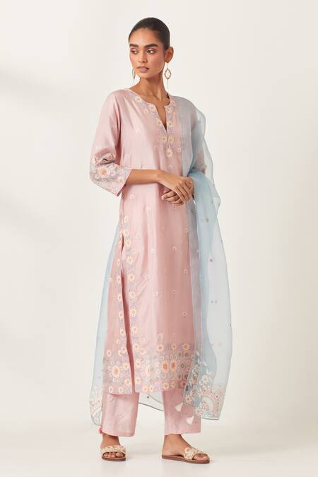 Shop_Kora_Pink , Organza Applique, Sequins, Embroidery Work Floral Kurta Pant Set 