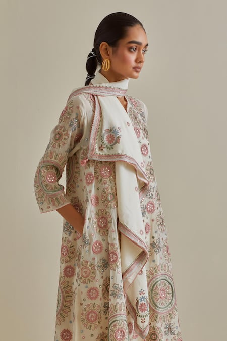 Shop Kora Pink Cotton Sequins, Tassels, Embroidery Split Patchwork A-line Kurta Pant Set Shop_Kora_Pink Cotton Sequins, Tassels, Embroidery Split Patchwork A-line Kurta Pant Set