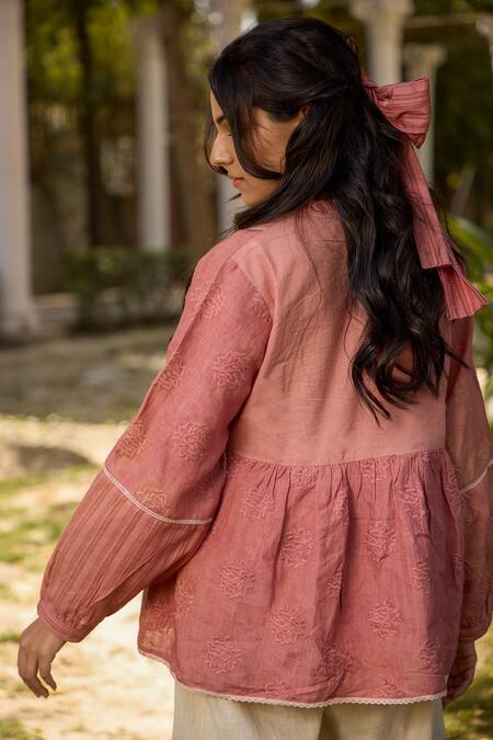 Banera_Pink Cotton Lace, Embroidery Mandarin Collar Berthe Pintuck Bodice Top With Pant _Online_at_Aza_Fashions
