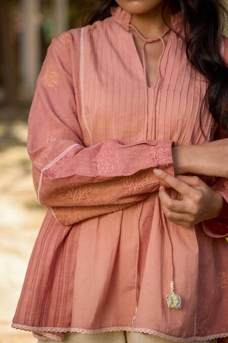 Buy_Banera_Pink Cotton Lace, Embroidery Mandarin Collar Berthe Pintuck Bodice Top With Pant _Online_at_Aza_Fashions