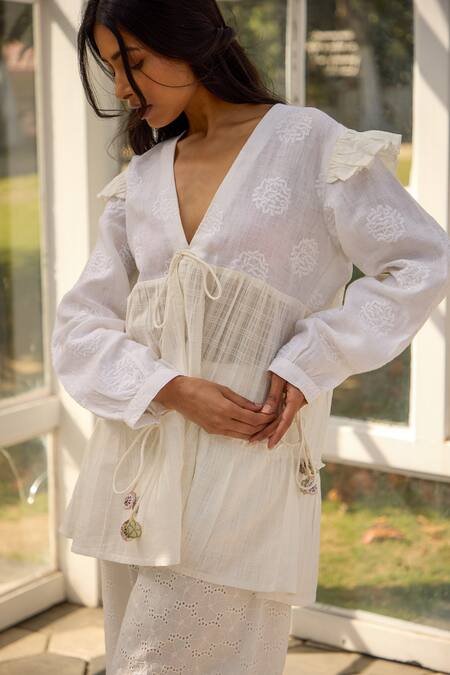 Banera_Ivory Cotton Cut Work, Bernice Threadwork Bodice Top With Cutwork Pant _Online_at_Aza_Fashions