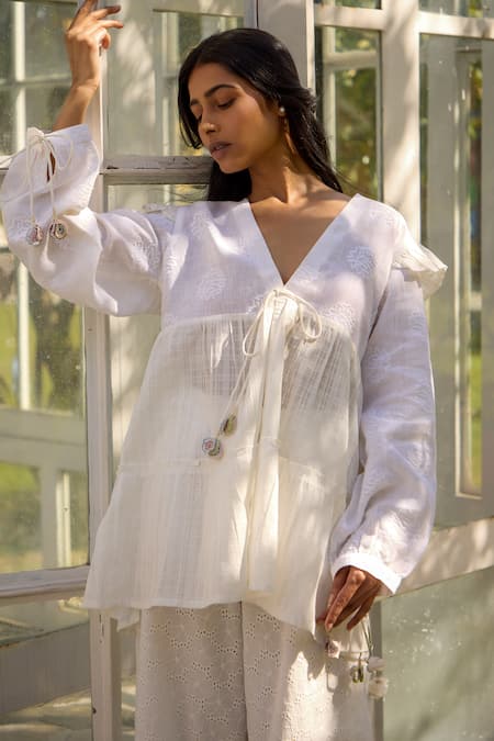 Buy_Banera_Ivory Cotton Cut Work, Bernice Threadwork Bodice Top With Cutwork Pant _Online_at_Aza_Fashions
