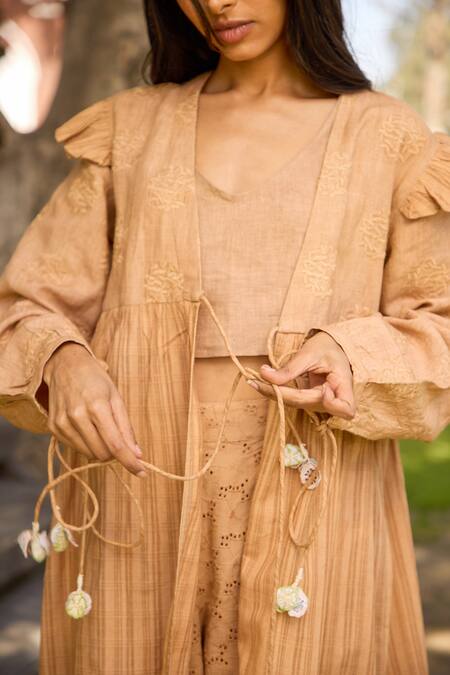 Banera Beige Cotton Tassels, Cut Work Open Bernice Threadwork Tiered Shrug With Pant Online at Aza Fashions Banera_Beige Cotton Tassels, Cut Work Open Bernice Threadwork Tiered Shrug With Pant_Online_at_Aza_Fashions