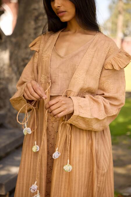 Buy Banera Beige Cotton Tassels, Cut Work Open Bernice Threadwork Tiered Shrug With Pant Online at Aza Fashions Buy_Banera_Beige Cotton Tassels, Cut Work Open Bernice Threadwork Tiered Shrug With Pant_Online_at_Aza_Fashions