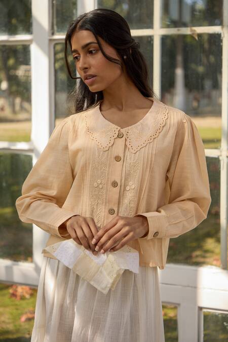 Banera_Peach Cotton Embroidery, Cut Work Collared Elanor Threadwork Bodice Top _Online_at_Aza_Fashions