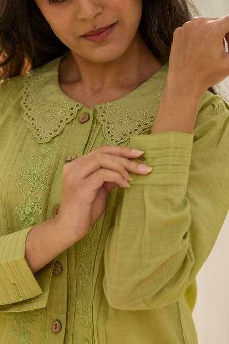 Buy_Banera_Green Cotton Embroidery, Cut Work Collared Elanor Floral Threadwork Bodice Top _Online_at_Aza_Fashions