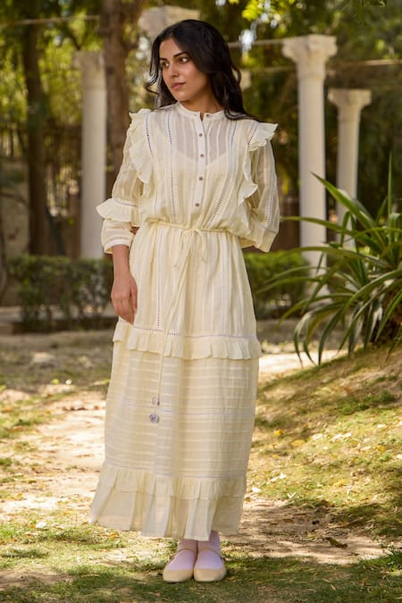 Banera Ivory Cotton Voil Lace Mandarin Collar Marta Ruffle Tiered Dress 