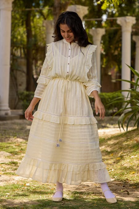 Banera_Ivory Cotton, Voile Lace Mandarin Collar Marta Ruffle Tiered Dress _Online_at_Aza_Fashions