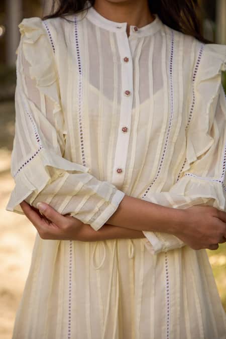 Buy_Banera_Ivory Cotton, Voile Lace Mandarin Collar Marta Ruffle Tiered Dress _Online_at_Aza_Fashions