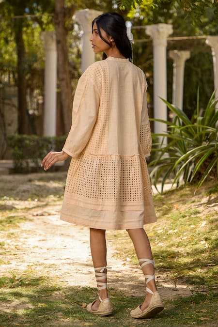 Shop_Banera_Peach Cotton Slub Schiffli Mandarin Collar Louisa Pattern Tunic _at_Aza_Fashions