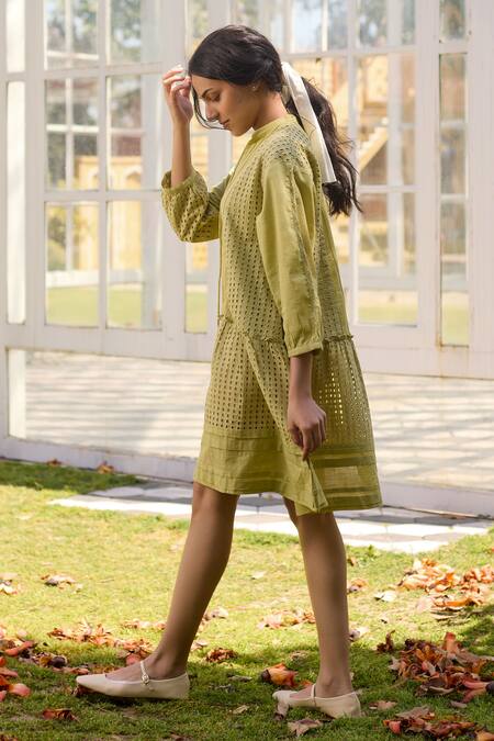 Banera_Green Cotton Embroidery Mandarin Collar Louisa Shiffli Tunic _Online_at_Aza_Fashions