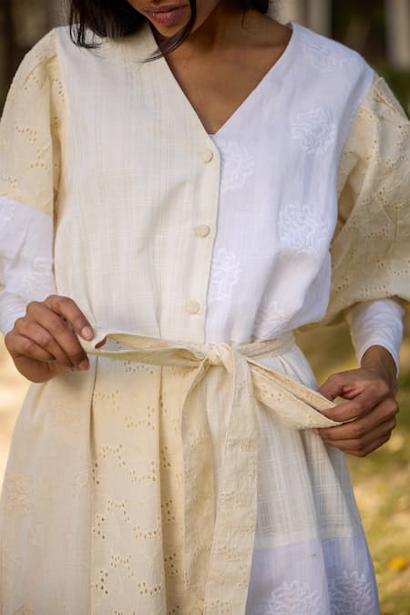 Banera_Ivory Cotton Embroidery V-neck Agatha Threadwork Shiffli Dress _Online_at_Aza_Fashions