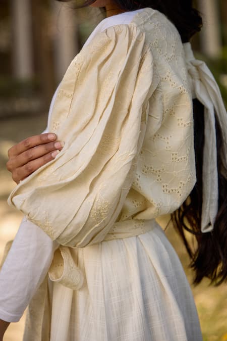 Buy_Banera_Ivory Cotton Embroidery V-neck Agatha Threadwork Shiffli Dress _Online_at_Aza_Fashions