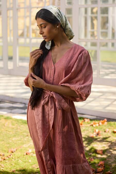 Banera_Pink Cotton Embroidery V-neck Agatha Floral Threadwork Schiffli Dress _Online_at_Aza_Fashions