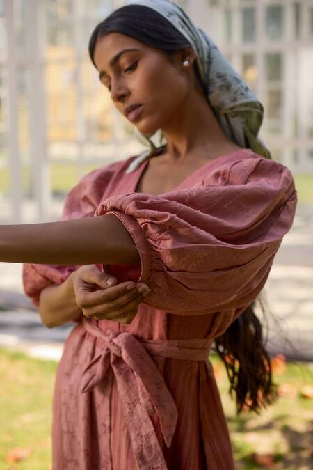 Buy_Banera_Pink Cotton Embroidery V-neck Agatha Floral Threadwork Schiffli Dress _Online_at_Aza_Fashions