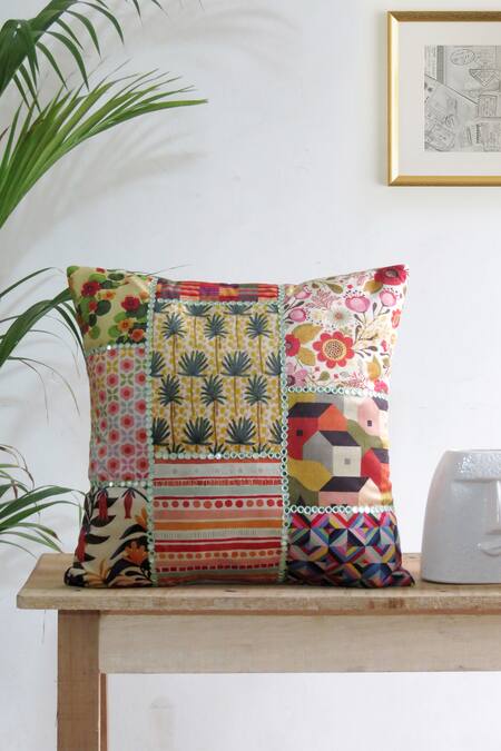 Mid July Home_Multi Color Velvet Chevron, Embroidered And Printed Cushion Cover - Set Of 5_Online_at_Aza_Fashions