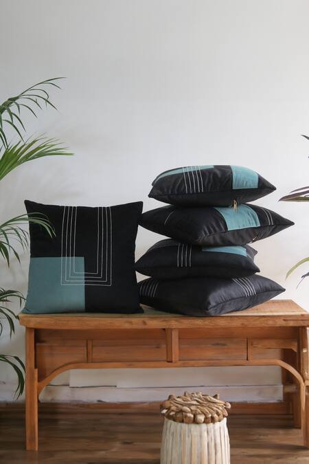 Shop Mid July Home Black Velvet Thread, Dark Fantasy Embroidered Cushion Covers - Set Of 5 at Aza Fashions Shop_Mid July Home_Black Velvet Thread, Dark Fantasy Embroidered Cushion Covers - Set Of 5_at_Aza_Fashions