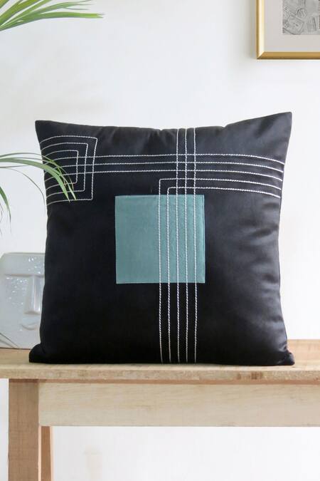 Mid July Home Black Velvet Thread, Dark Fantasy Embroidered Cushion Covers - Set Of 5 at Aza Fashions Mid July Home_Black Velvet Thread, Dark Fantasy Embroidered Cushion Covers - Set Of 5_at_Aza_Fashions