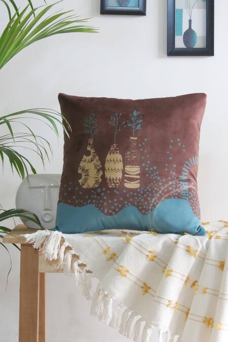 Shop_Mid July Home_Blue Velvet Abstract, Dots, Printed Nature-inspired Cushion Covers - Set Of 5_Online_at_Aza_Fashions
