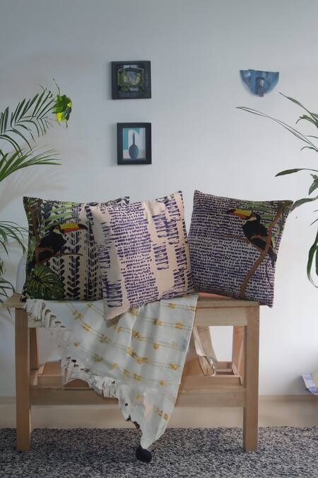 Shop Mid July Home White Velvet Hornbill Bird, Printed Tie-dye Inspired Cushion Covers - Set Of 3 at Aza Fashions Shop_Mid July Home_White Velvet Hornbill Bird, Printed Tie-dye Inspired Cushion Covers - Set Of 3_at_Aza_Fashions